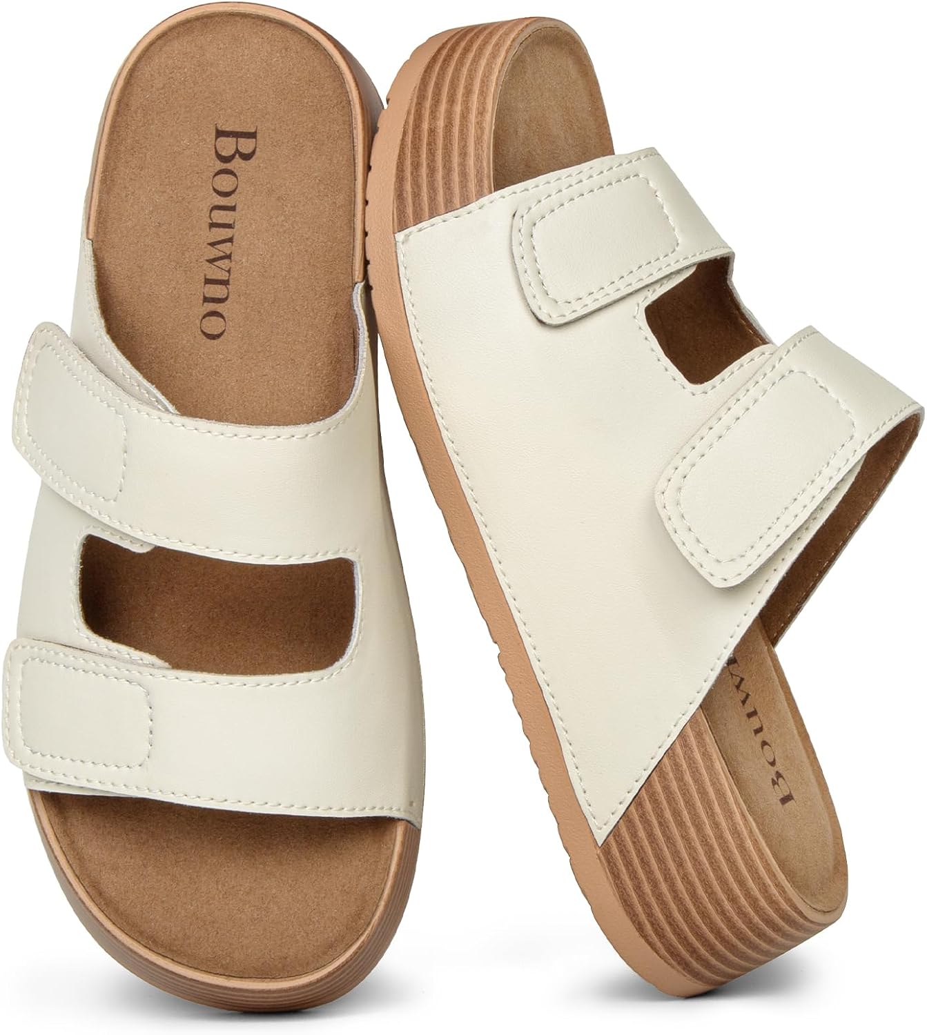 Bouwno Platform Sandals Women Genuine Leather Comfortable Beach Slides Adjustable Straps Slip-on Summer Sandals with Memory Foam Insole Open Toe Low Wedges - Image 9