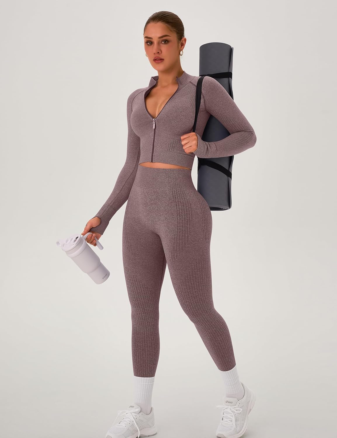 OLCHEE Womens Workout Sets 2 Piece Seamless Yoga Outfits Long Sleeve Zipper Jacket High Waist Leggings Butt Lifting Gym Set