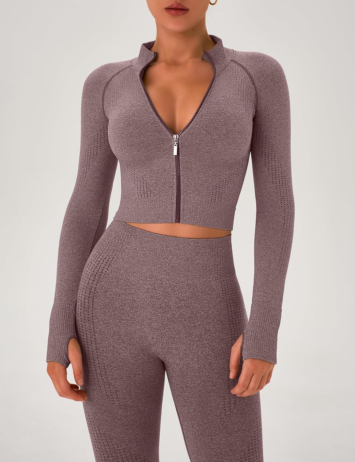 Alternative view of OLCHEE Womens Workout Sets 2 Piece Seamless Yoga Outfits Long Sleeve Zipper Jacket High Waist Leggings Butt Lifting Gym Set