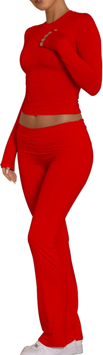 BORIFLORS Women's Workout 2 Piece Lounge Sets Long Sleeve Tops Foldover Flare Pants Casual Outfits Tracksuit