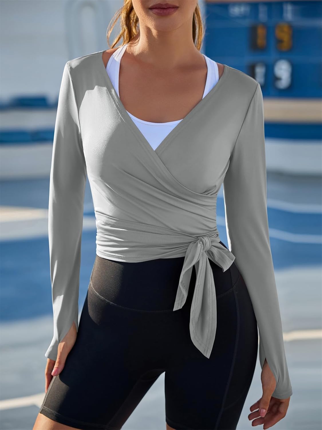 Fisoew Womens Wrap Tie Tops Long Sleeve Workout Crop Wrap Shirts Casual Lightweight Ballet Pilates Yoga Active Tops