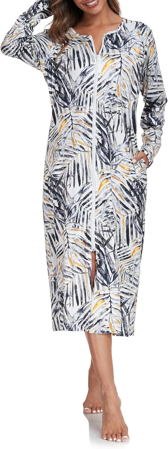 Alternative view of Vslarh Women Short Sleeve Zip Front Nightgowns Full Length Cotton Robes Loose Housecoat Loungewear with Pockets S-XXL