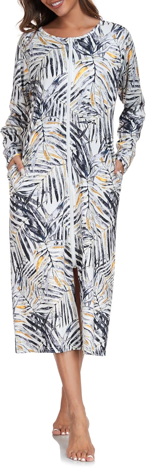 Vslarh Women Short Sleeve Zip Front Nightgowns Full Length Cotton Robes Loose Housecoat Loungewear with Pockets S-XXL - Image 3