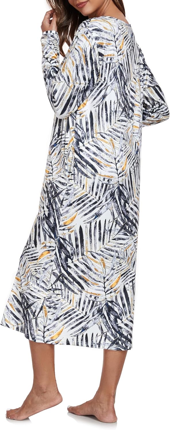 Vslarh Women Short Sleeve Zip Front Nightgowns Full Length Cotton Robes Loose Housecoat Loungewear with Pockets S-XXL - Image 4