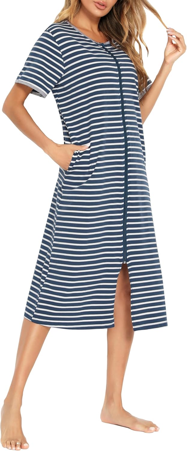 Vslarh Women Short Sleeve Zip Front Nightgowns Full Length Cotton Robes Loose Housecoat Loungewear with Pockets S-XXL - Image 6