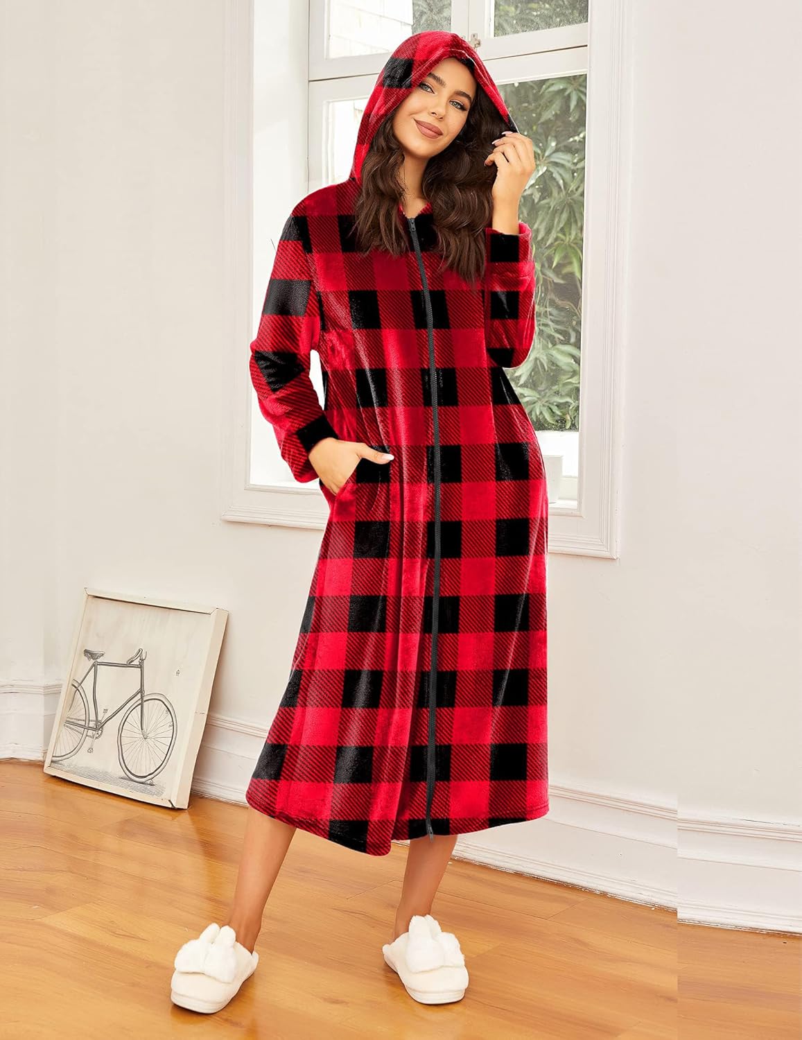 Ekouaer Fleece Robes for Women Hooded Plush Zipper Front Long Bathrobe Warm House Robe Sleepwear with Pockets