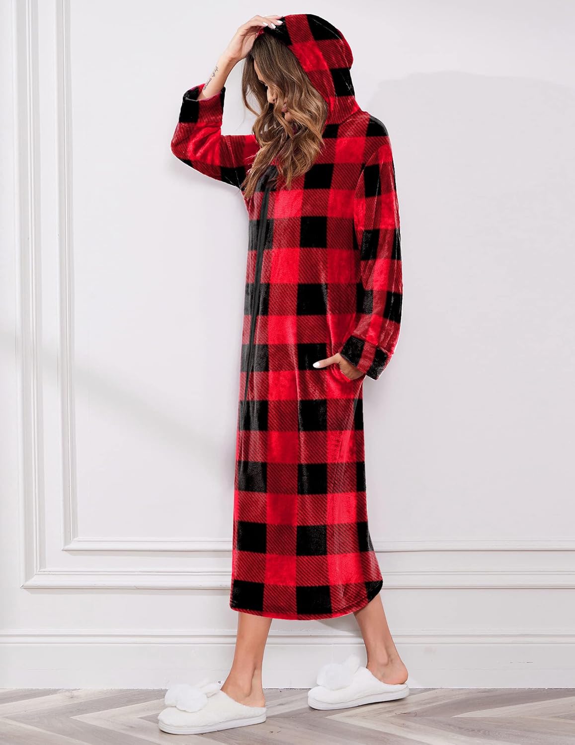 Ekouaer Fleece Robes for Women Hooded Plush Zipper Front Long Bathrobe Warm House Robe Sleepwear with Pockets - Image 3