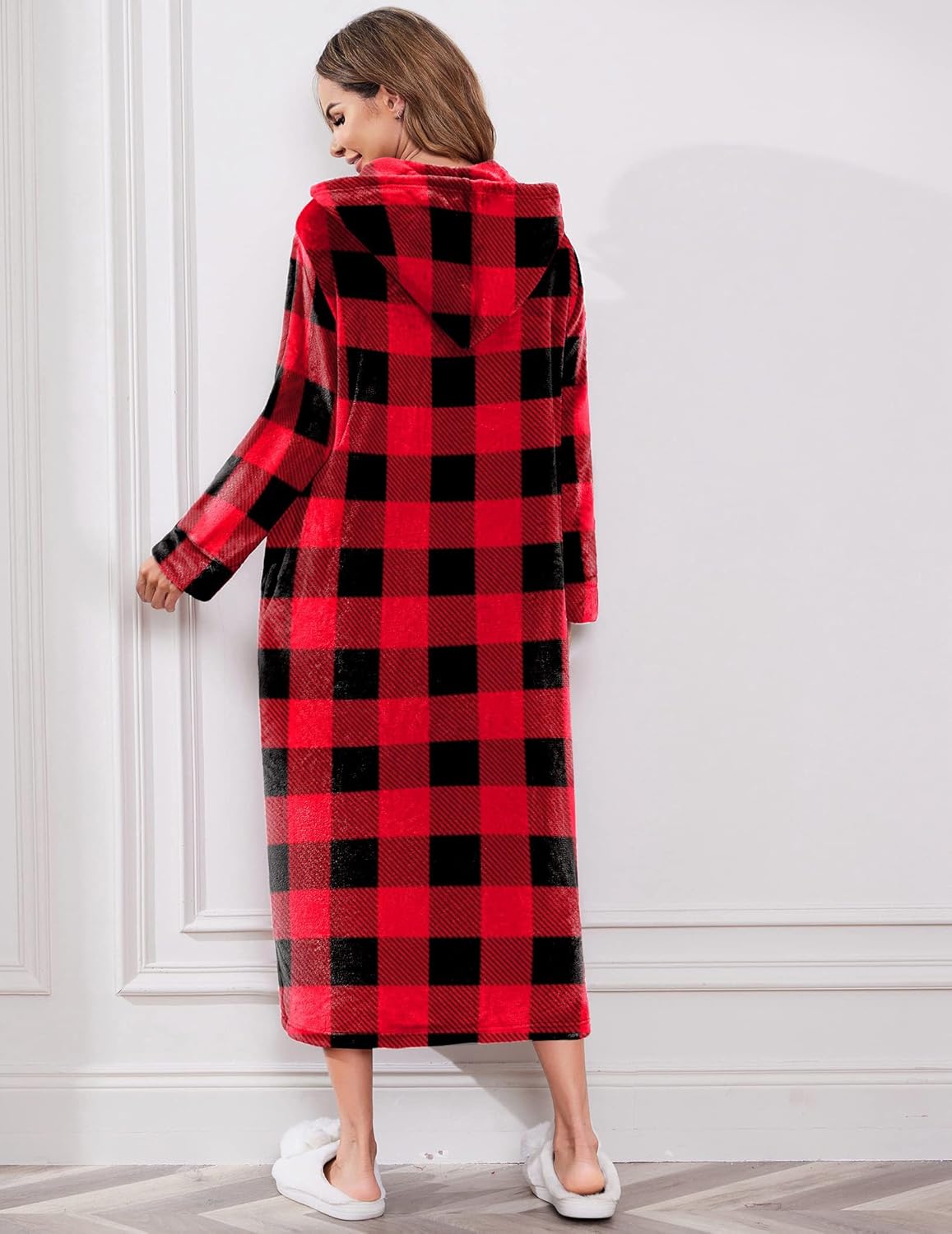 Ekouaer Fleece Robes for Women Hooded Plush Zipper Front Long Bathrobe Warm House Robe Sleepwear with Pockets - Image 4