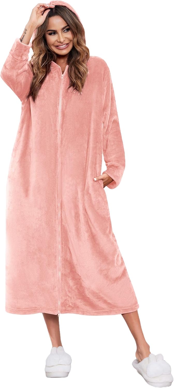 Ekouaer Fleece Robes for Women Hooded Plush Zipper Front Long Bathrobe Warm House Robe Sleepwear with Pockets - Image 6