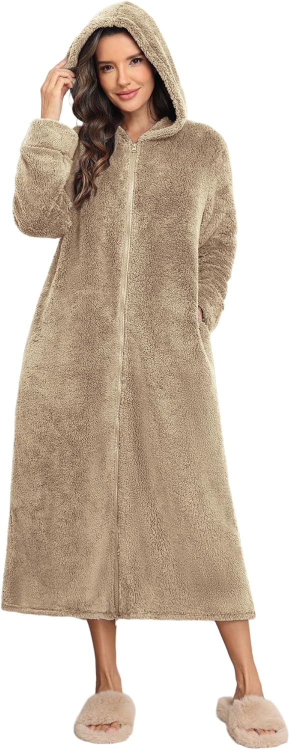 Ekouaer Fleece Robes for Women Hooded Plush Zipper Front Long Bathrobe Warm House Robe Sleepwear with Pockets - Image 7