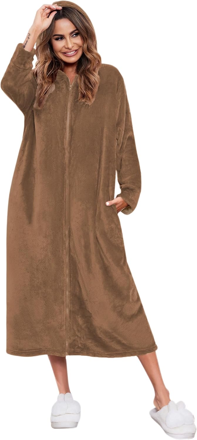 Ekouaer Fleece Robes for Women Hooded Plush Zipper Front Long Bathrobe Warm House Robe Sleepwear with Pockets - Image 9