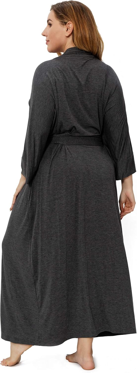 Women's Plus Size Cotton Kimono Robes Soft Long Knit Bathrobes Lightweight Sleepwear V-Neck Ladies Loungewear
