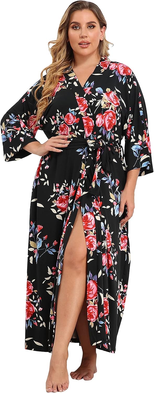 Women's Plus Size Cotton Kimono Robes Soft Long Knit Bathrobes Lightweight Sleepwear V-Neck Ladies Loungewear - Image 5