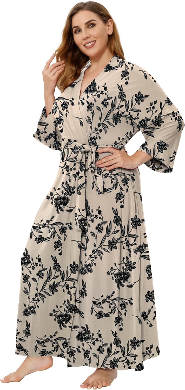 Women's Plus Size Cotton Kimono Robes Soft Long Knit Bathrobes Lightweight Sleepwear V-Neck Ladies Loungewear - Image 6