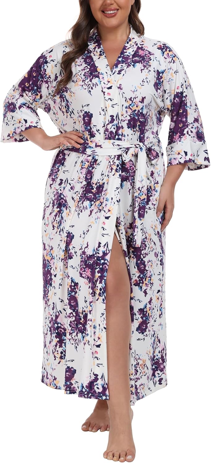Women's Plus Size Cotton Kimono Robes Soft Long Knit Bathrobes Lightweight Sleepwear V-Neck Ladies Loungewear - Image 7