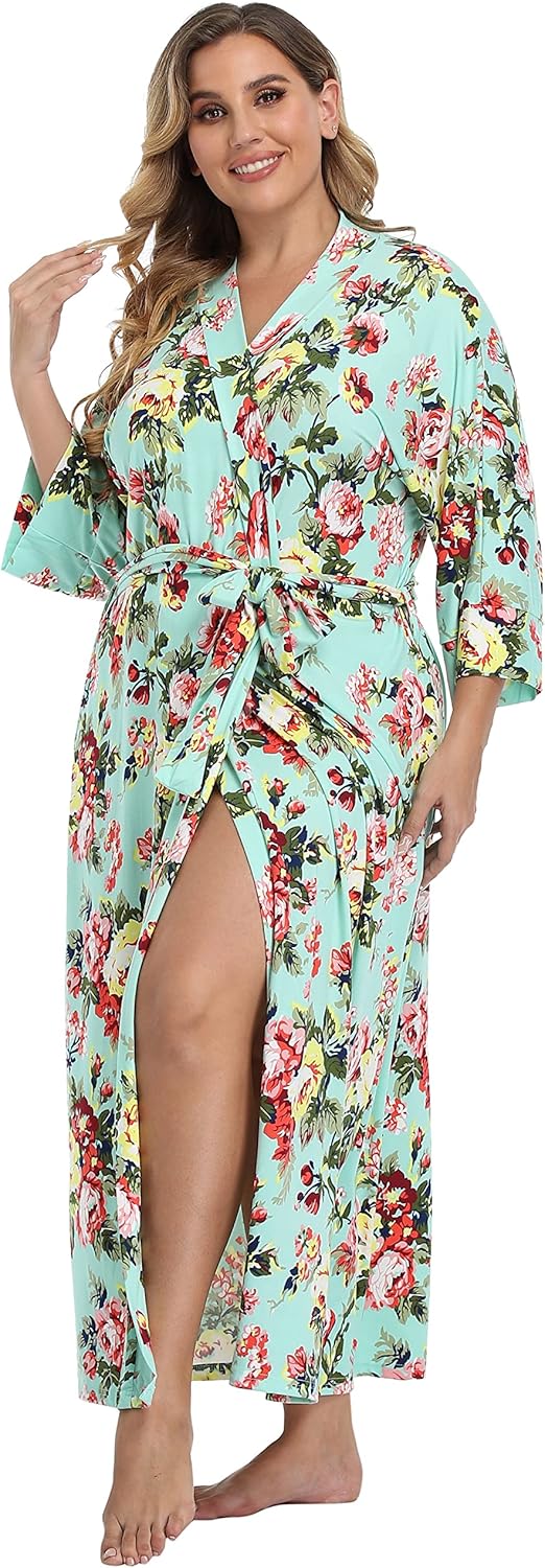 Women's Plus Size Cotton Kimono Robes Soft Long Knit Bathrobes Lightweight Sleepwear V-Neck Ladies Loungewear - Image 9