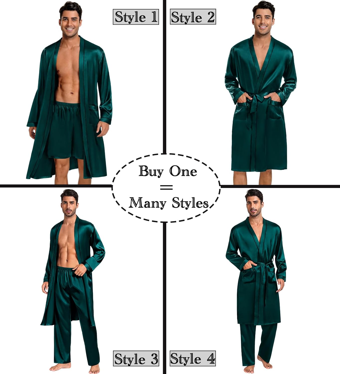 SWOMOG Mens 3 PCS Satin Robe with Pants & Shorts Set Kimono Bathrobe Long Sleeve Sleepwear Pjs Sets with Pockets