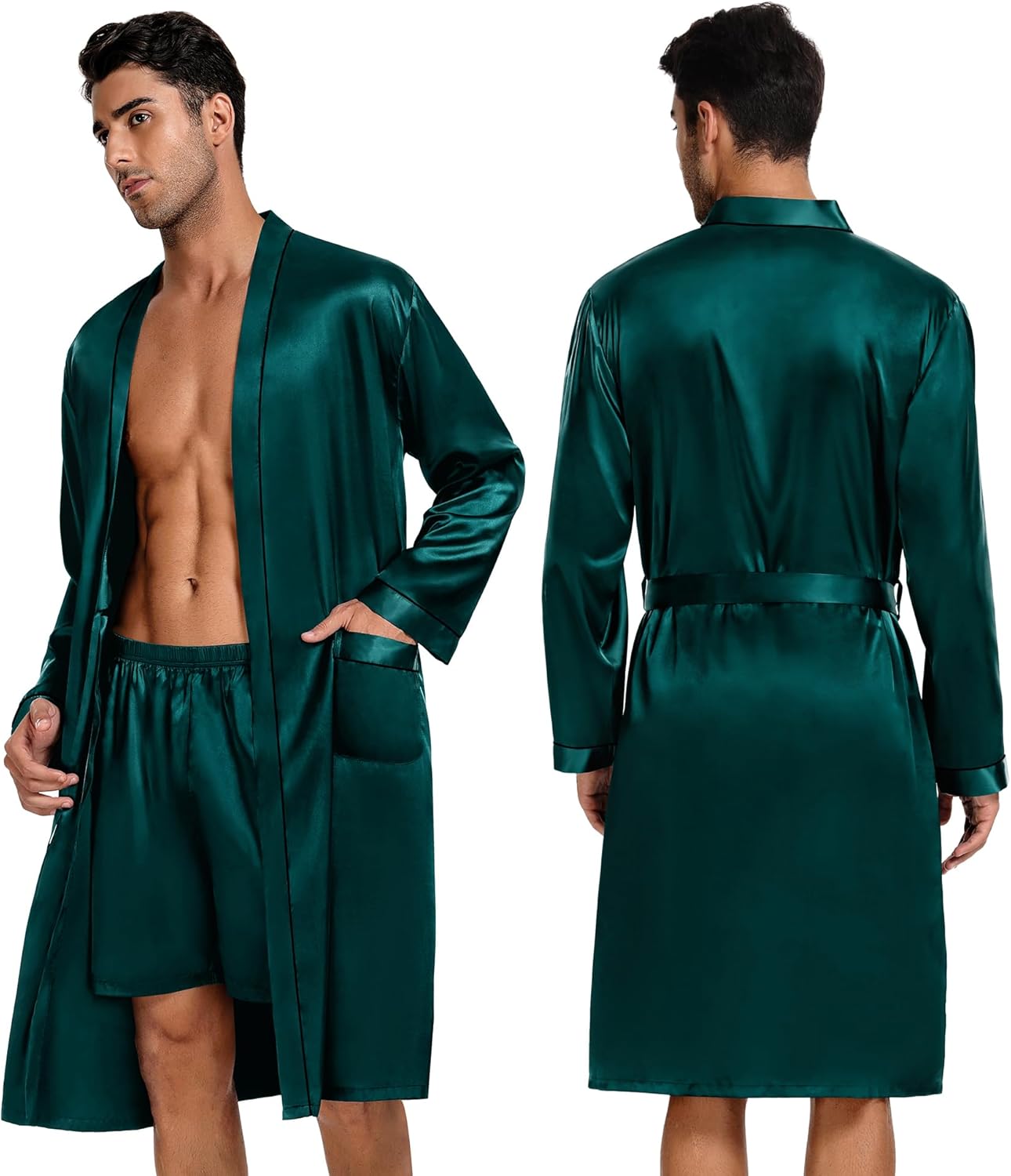 Alternative view of SWOMOG Mens 3 PCS Satin Robe with Pants & Shorts Set Kimono Bathrobe Long Sleeve Sleepwear Pjs Sets with Pockets