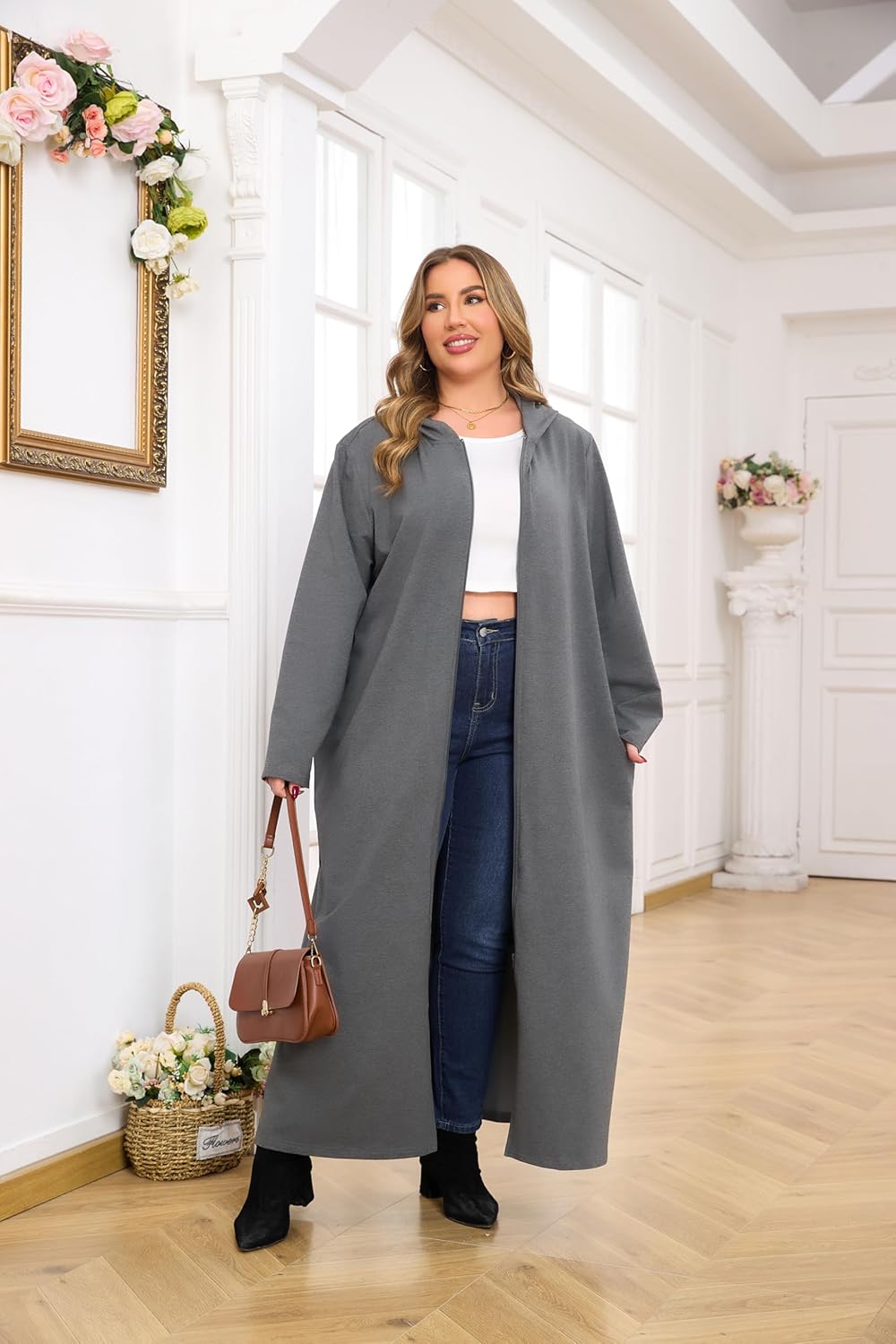 Alternative view of VintageClothing Women Hooded Zipper Robe Plus Size Zip Up Sweatshirt Robe Long Zipper Front Housecoat with Pockets S-4X