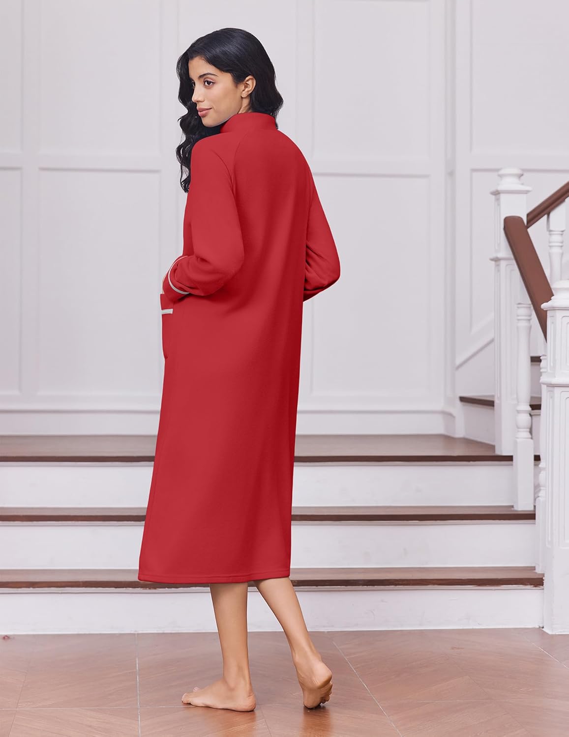 Ekouaer Women's Zipper Robes Long Sleeve Loungewear Knee Length Housecoat Fleece Bathrobe with Pockets S-XXL