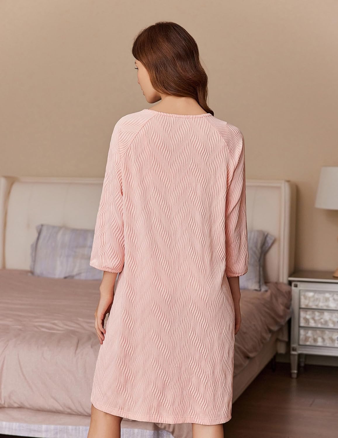 Ekouaer Women Zipper Robes 3/4 Sleeve Ribbed Knit Bathrobe Lightweight Knee Length Loungewear Housecoat with Pockets S-3XL