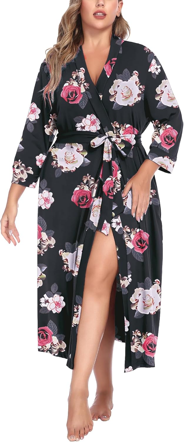 IN'VOLAND Womens Plus Size Kimono Robes Long Knit Bathrobe V Neck Ladies Loungewear Lightweight Soft Sleepwear 1X-5X - Image 6