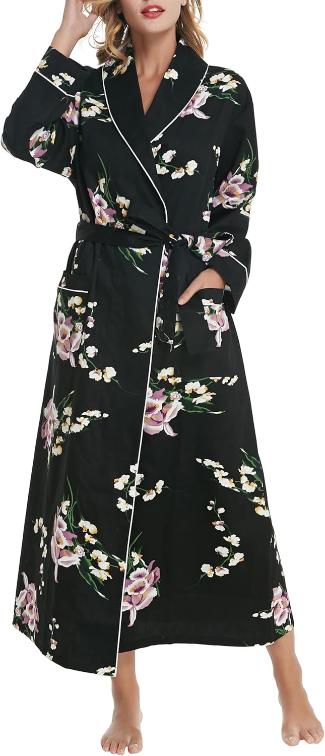 Lavenderi Womenu2019s 100% Cotton Long Kimono Lounge Bathrobe Robe, Ladies Loungewear for Spa