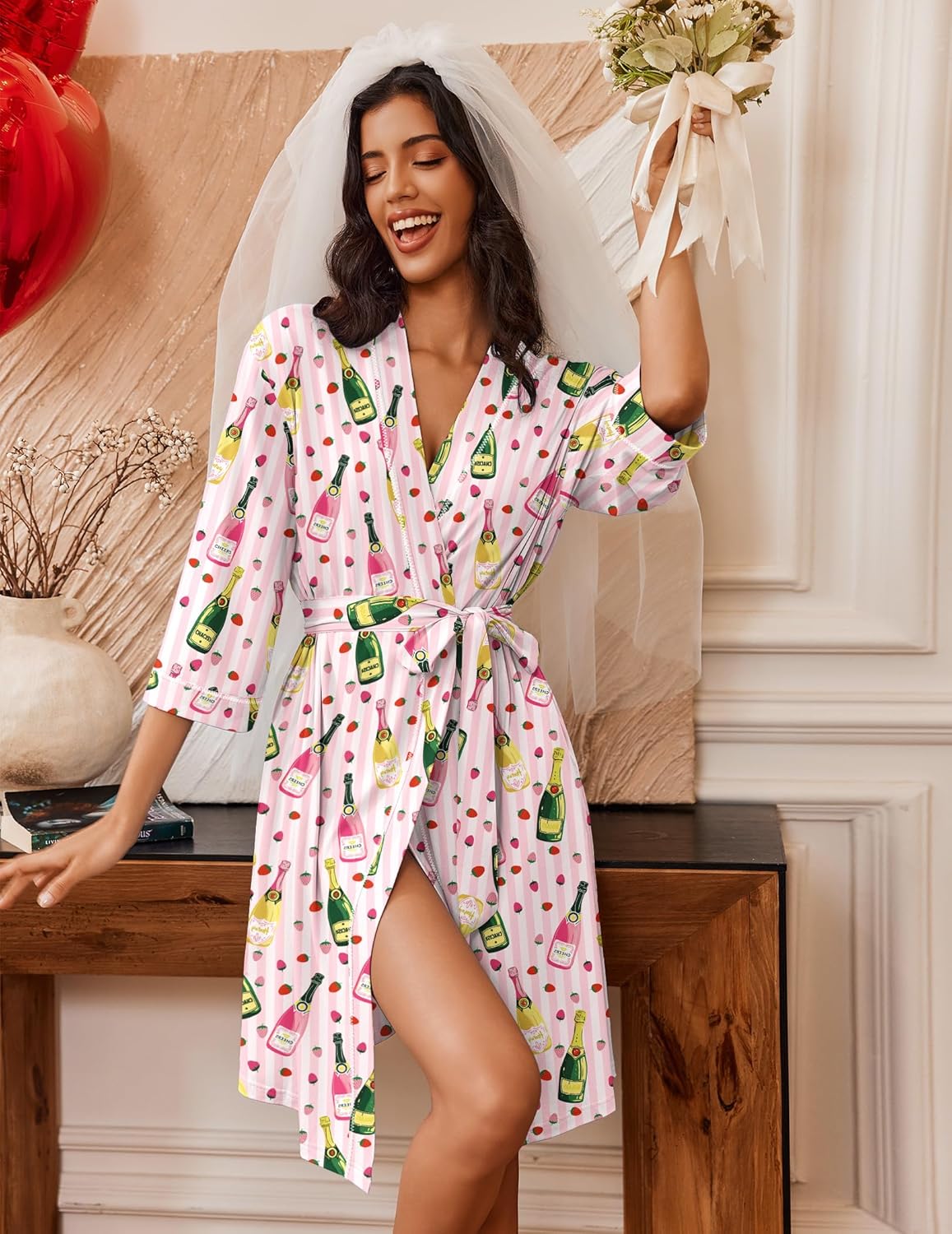 Ekouaer Robes for Women Knee Length Bathrobe Lightweight Kimono Robe 3/4 Sleeve Loungewear Soft Sleepwear with Pockets S-XXL