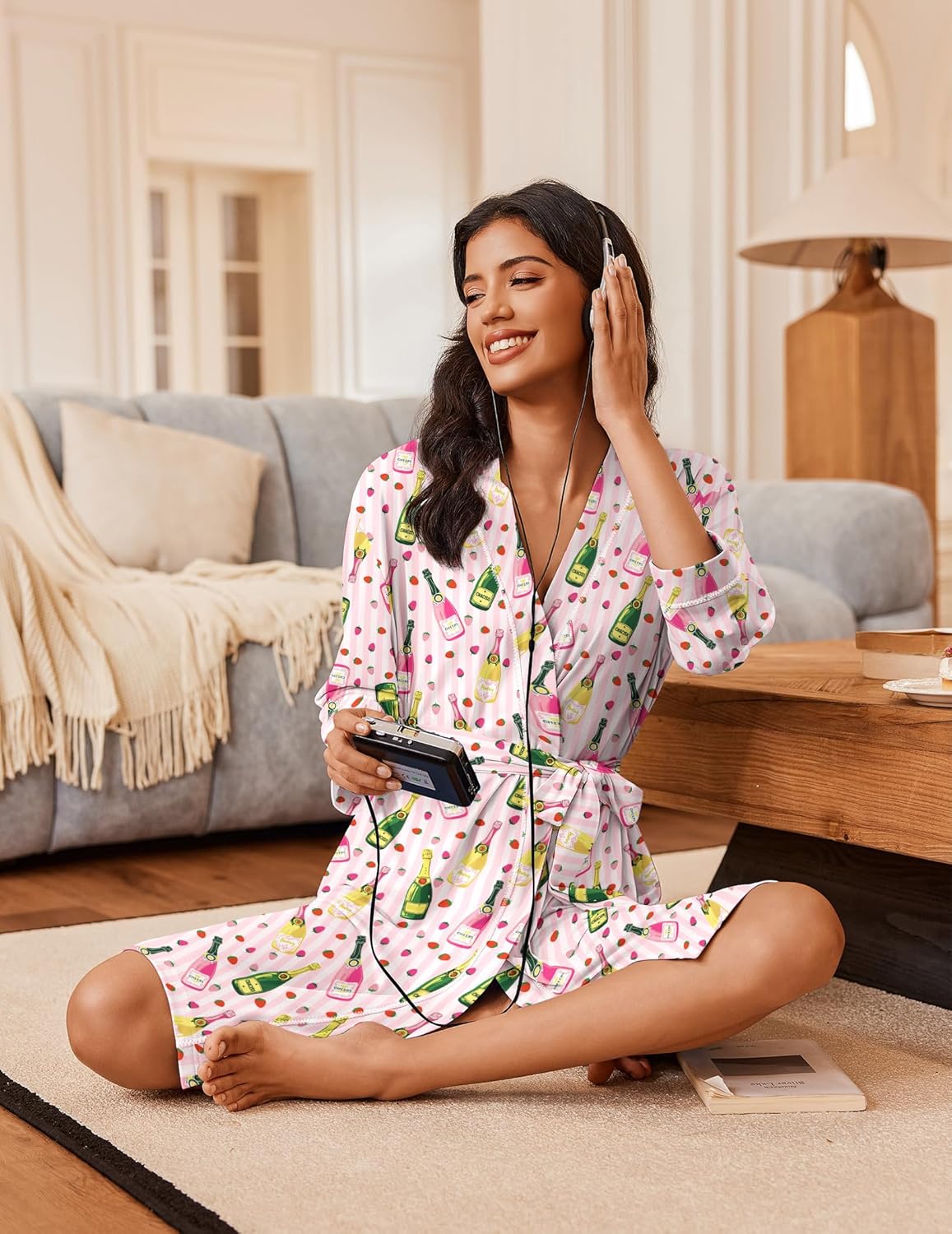 Alternative view of Ekouaer Robes for Women Knee Length Bathrobe Lightweight Kimono Robe 3/4 Sleeve Loungewear Soft Sleepwear with Pockets S-XXL