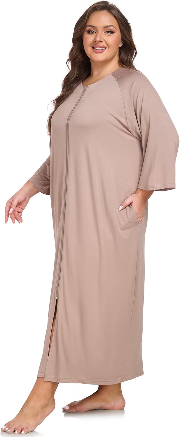 Alternative view of VintageClothing Women Zipper Front Robes Plus Size Long Housecoat Soft Modal Sleepwear Loungewear Nightgowns with Pockets