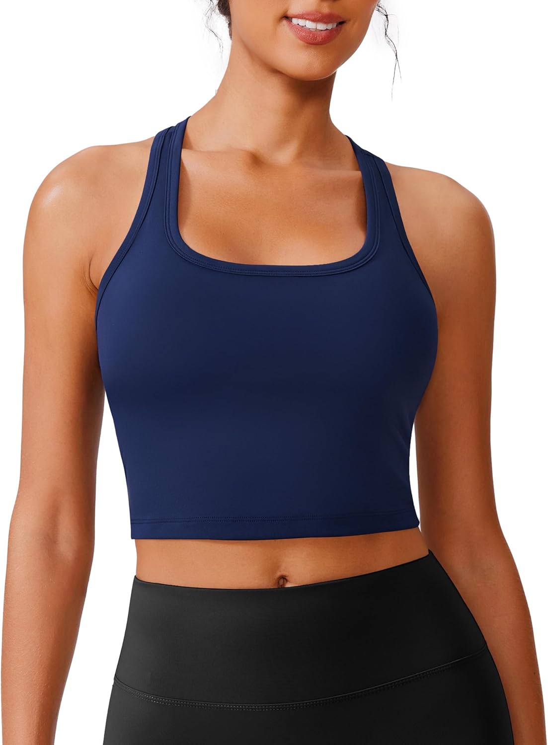 PINSPARK Racerback Crop Tank Tops for Women Longline Padded Sports Bra Scoop Neck Workout Yoga Top