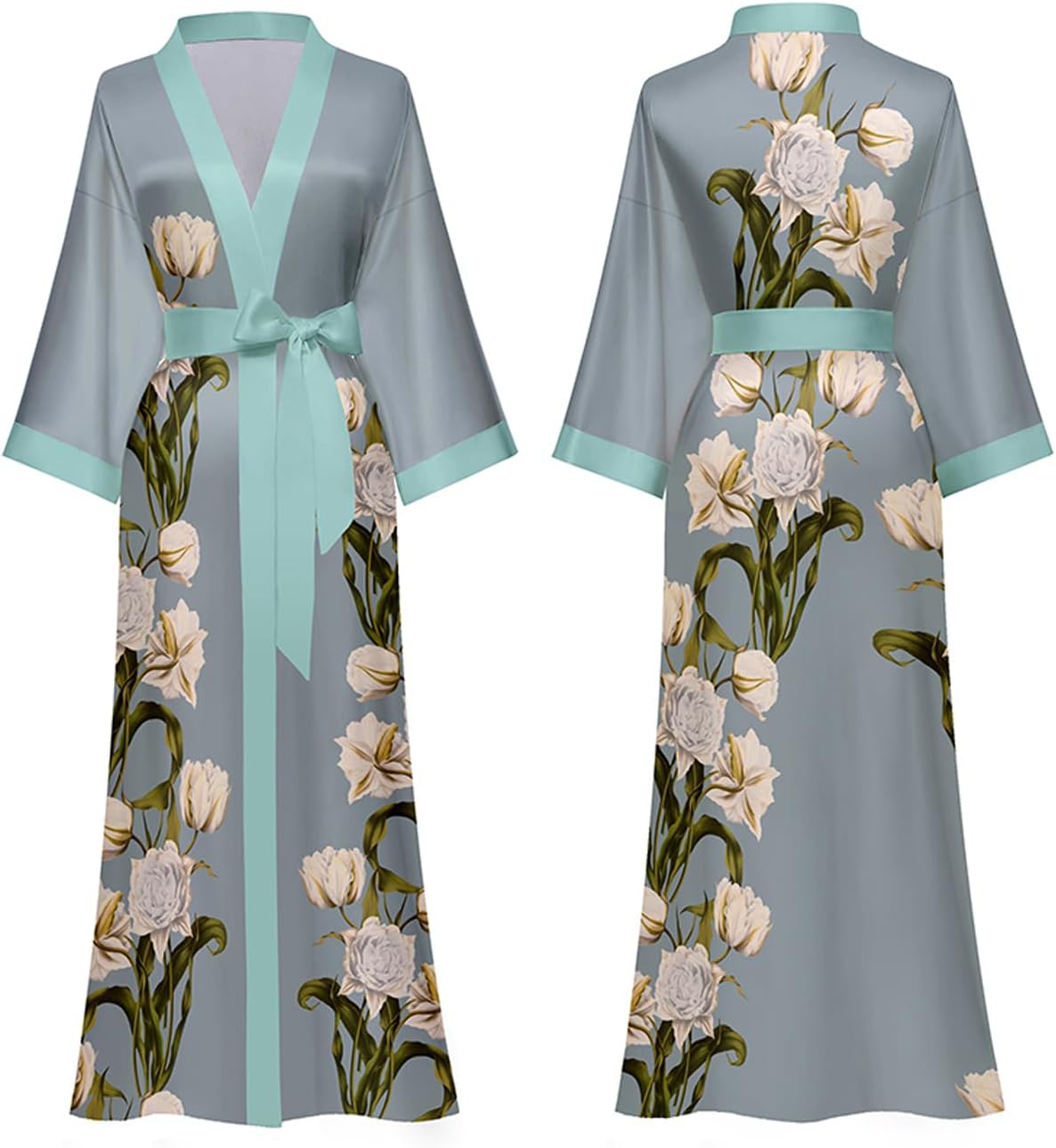 Daiwor Kout Silk Satin Robe for Women Long Japanese Kimono Robe Lightweight Soft Bathrobe Floral Luxury Dressing Gown