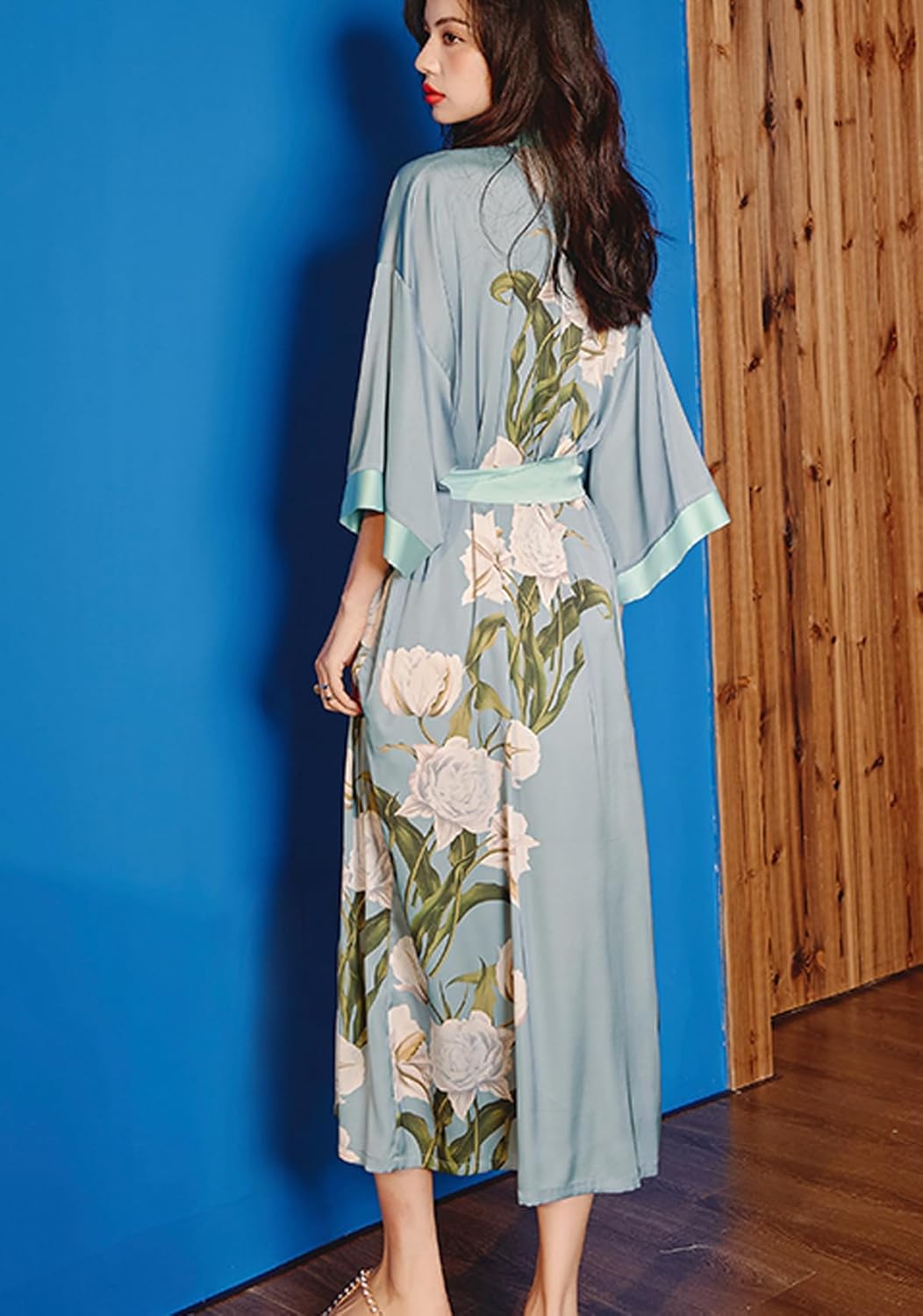 Alternative view of Daiwor Kout Silk Satin Robe for Women Long Japanese Kimono Robe Lightweight Soft Bathrobe Floral Luxury Dressing Gown