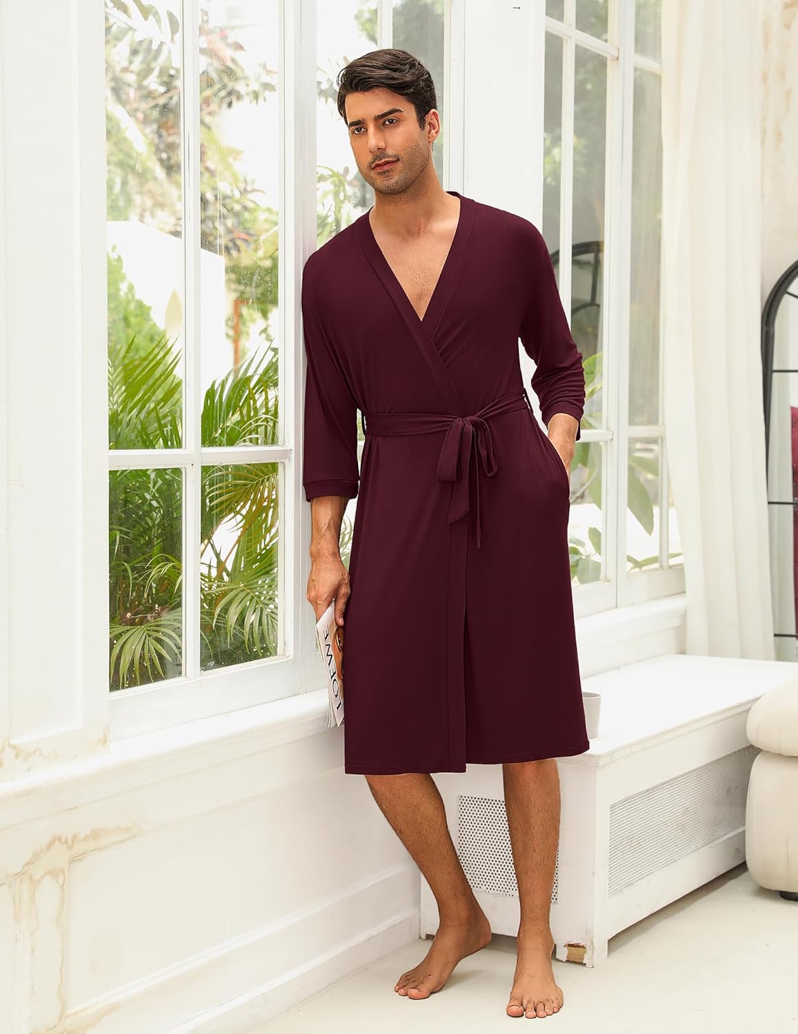 Ekouaer Men's Lightweight Kimono Spa Robe Knit Bathrobe Soft Sleepwear 3/4 Sleeve Loungewear with Pockets S-XXL