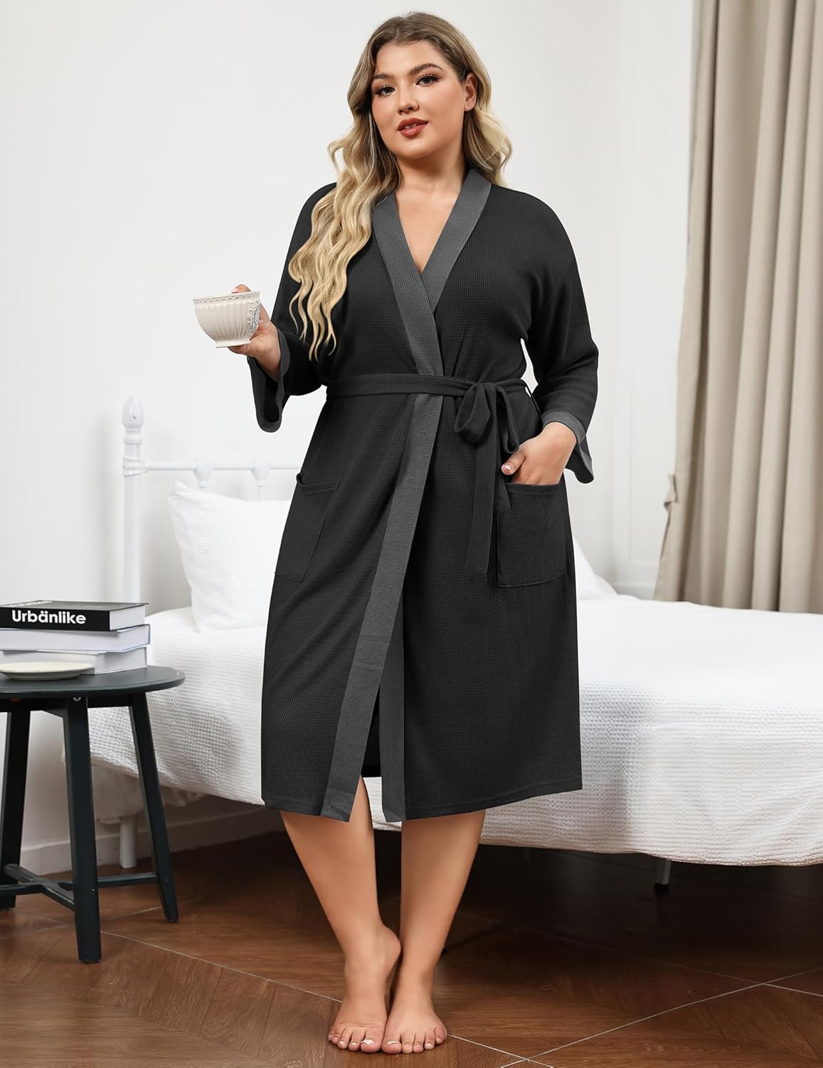 Alternative view of Ekouaer Plus Size Robe for Women Waffle Knit Bathrobe Short Lightweight Kimono Robes with Pockets Maternity Robe S-XXL