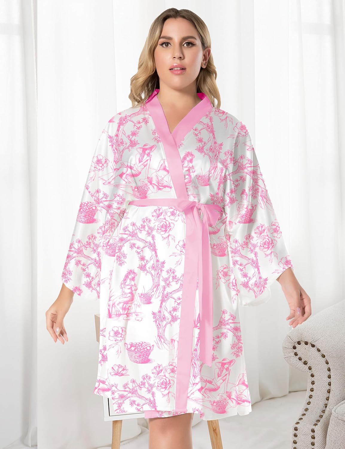 EPLAZA Silk Robes for Women Satin Robe Short Sexy Print Flower Kimono Loungewear Wedding Bridal Party