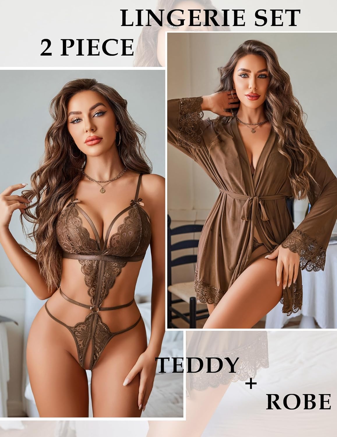 Avidlove Women Sexy Lingerie Set 2 Piece Lace Teddy with Mesh Kimono Robe Bodysuit Nightgown