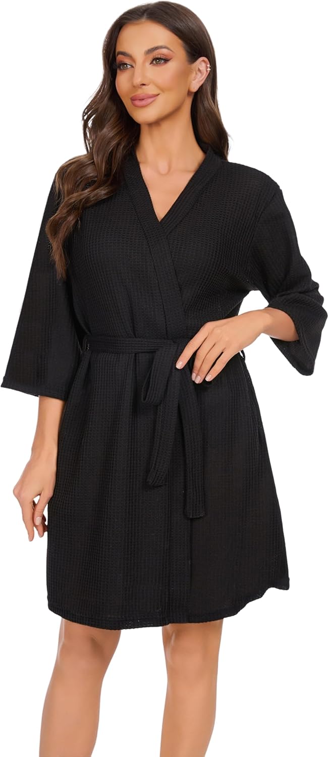 iniber Robes for Women Waffle Knit Bathrobe Soft Lightweight Knee Length Loungewear S-XXL