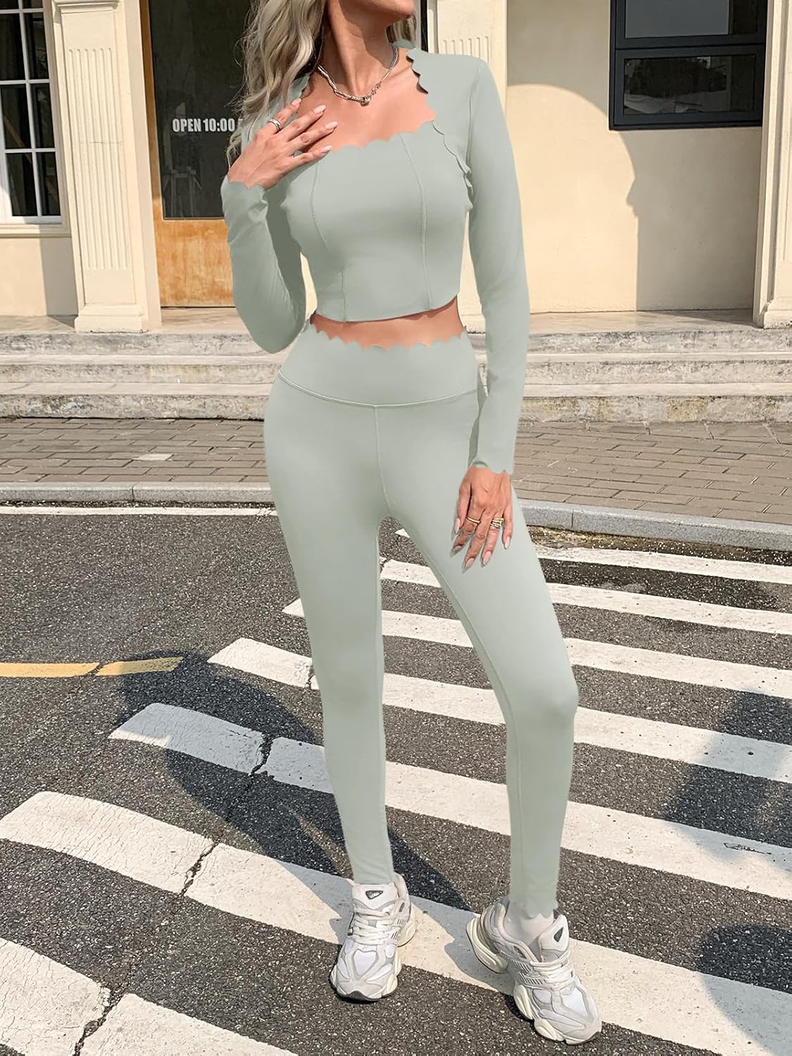 Fisoew Two Piece Workout Sets For Women High Waisted Scolloped Leggings with Crop Tops Gym Yoga Active Wear Outfits