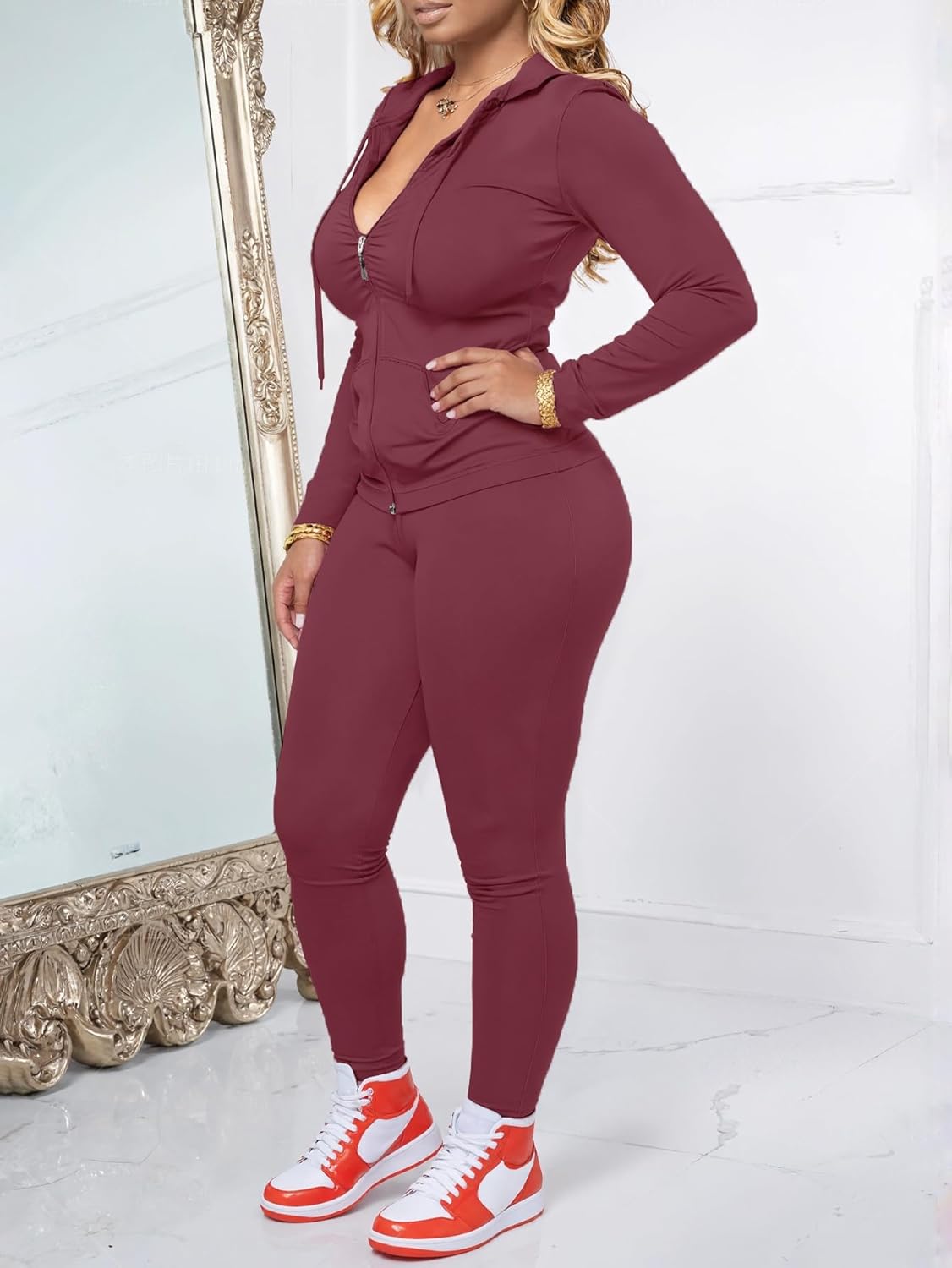 Alternative view of AUXDIO Women 2 Piece Outfits Casual Workout Sets Bodycon Tracksuit Zip Up Long Sleeve Hoodle Jacket Jogger Pants Set