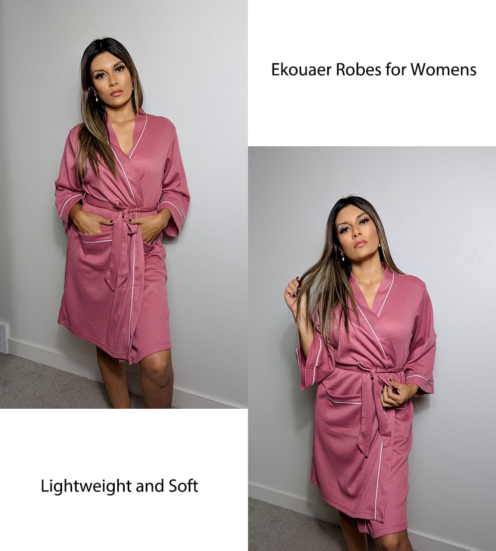 Ekouaer Women Robes Waffle Knee Length Bathrobe Lightweight Soft Sleepwear V neck 3/4 Sleeve Casual Ladies Loungewear S-XXL