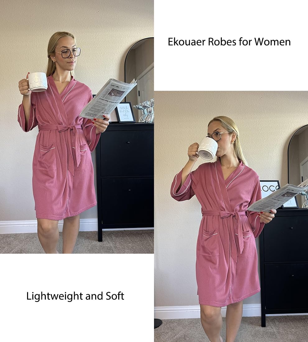 Alternative view of Ekouaer Women Robes Waffle Knee Length Bathrobe Lightweight Soft Sleepwear V neck 3/4 Sleeve Casual Ladies Loungewear S-XXL