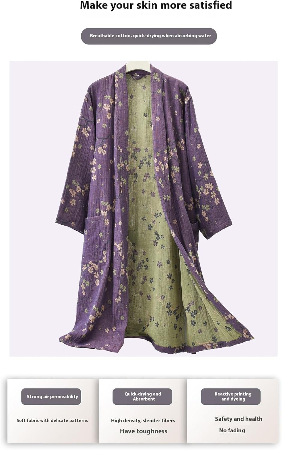 PEWRESLORS Soft Cotton Japanese Sleepwear Kimono Yukata Lightweight Bathrobe Nightgown Breathable Pajamas Set Women