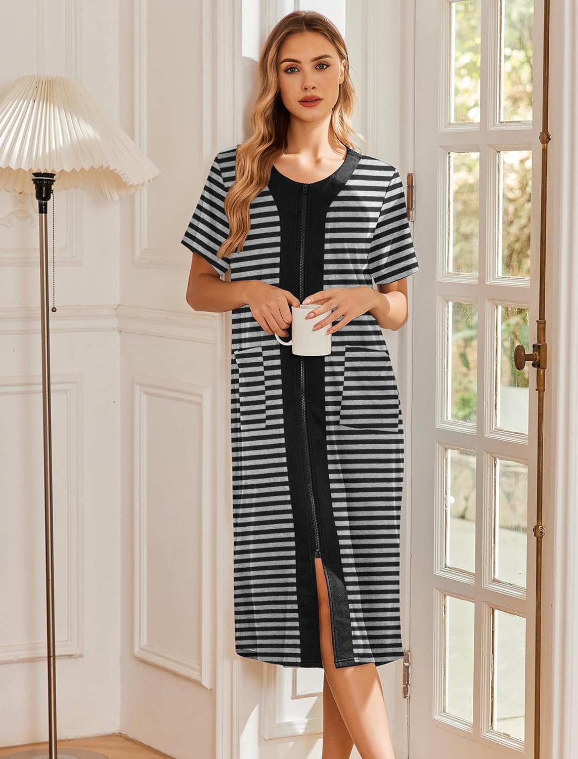 Alternative view of Ekouaer Robes For Women Zipper Front Bathrobe Short Sleeve House Coat Long Nightgown With Pockets Soft Loungewear