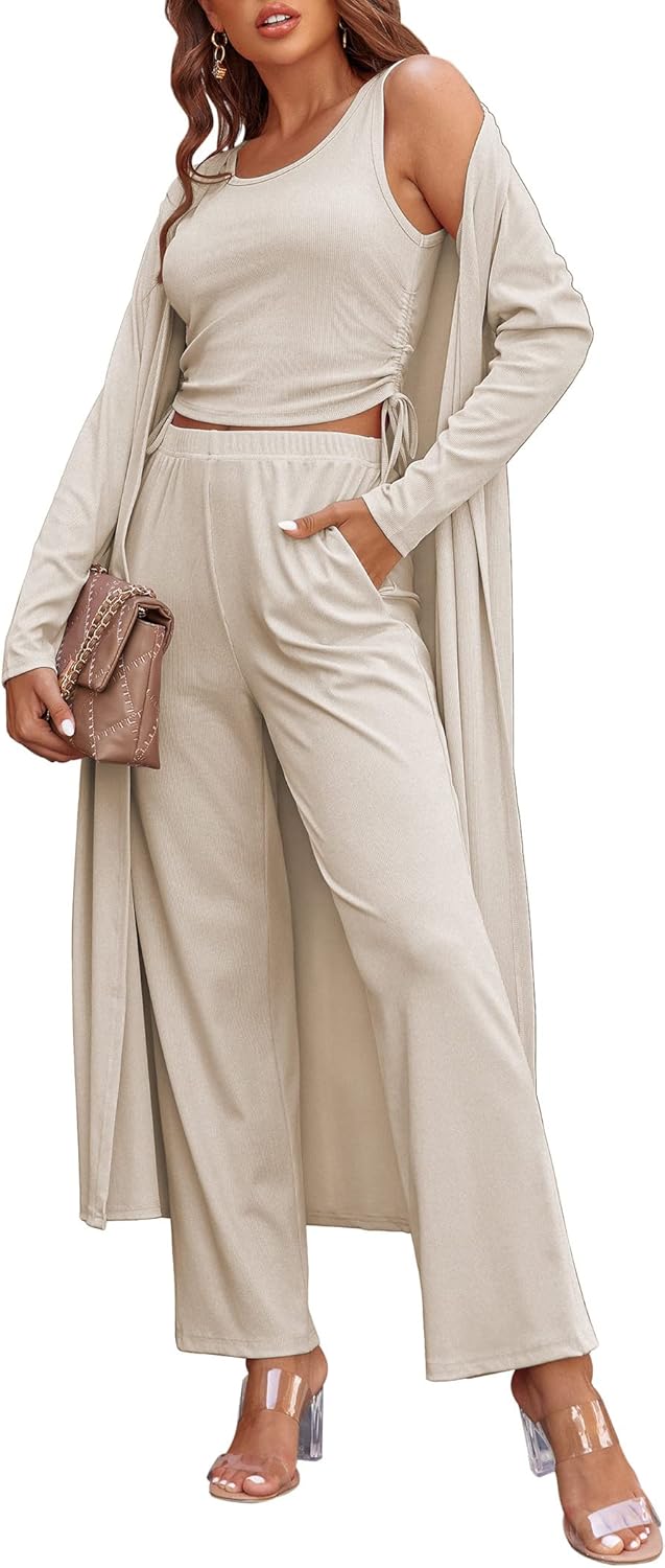 Ekouaer Women's 3 Piece Lounge Set Pajama Long Sleeve Cardigan Sleeveless Top Pants Sweatsuit S-XXL - Image 5
