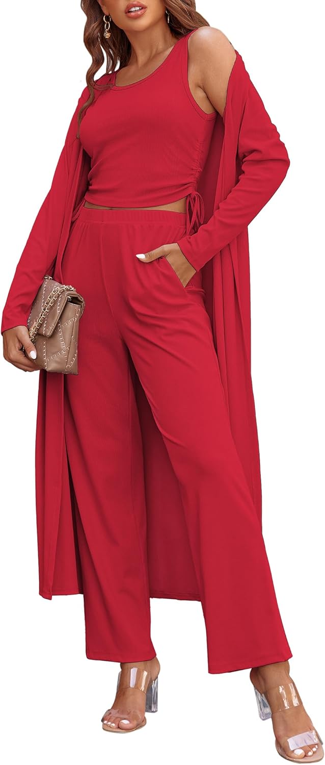 Ekouaer Women's 3 Piece Lounge Set Pajama Long Sleeve Cardigan Sleeveless Top Pants Sweatsuit S-XXL - Image 6