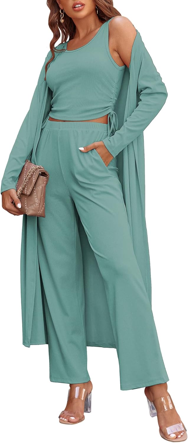 Ekouaer Women's 3 Piece Lounge Set Pajama Long Sleeve Cardigan Sleeveless Top Pants Sweatsuit S-XXL - Image 7