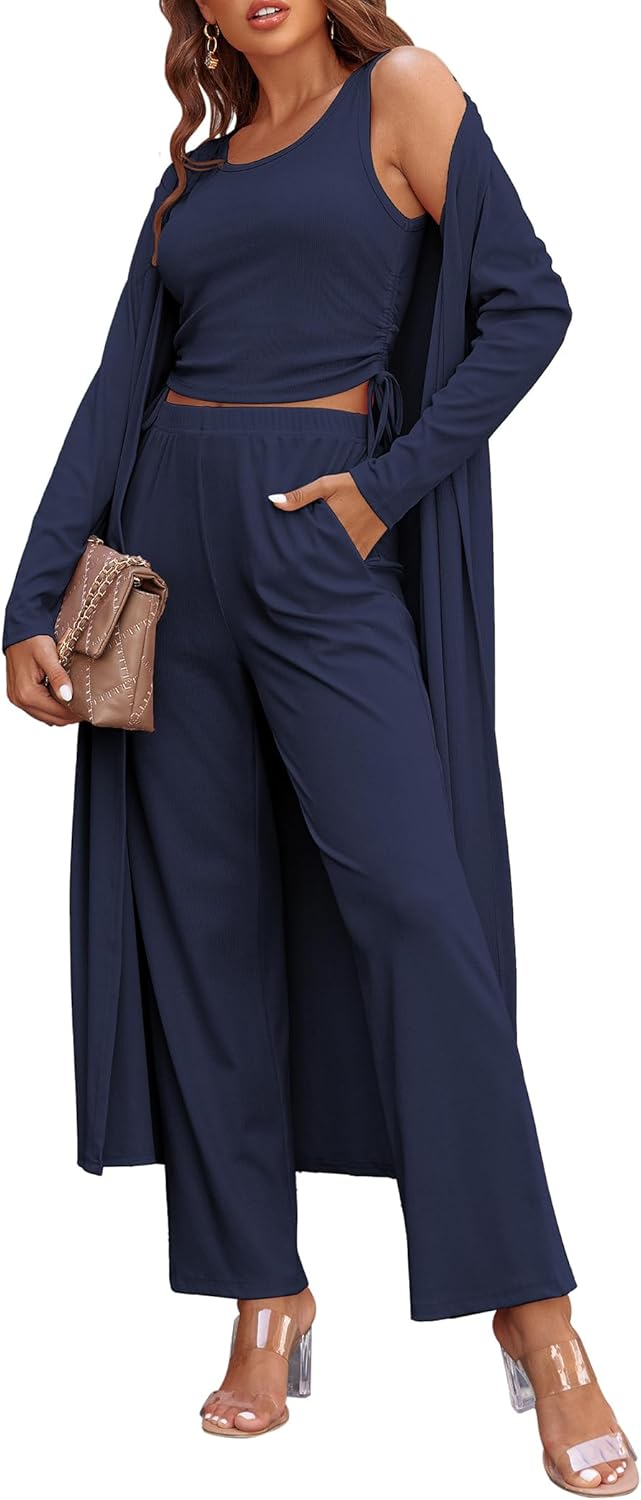Ekouaer Women's 3 Piece Lounge Set Pajama Long Sleeve Cardigan Sleeveless Top Pants Sweatsuit S-XXL - Image 8