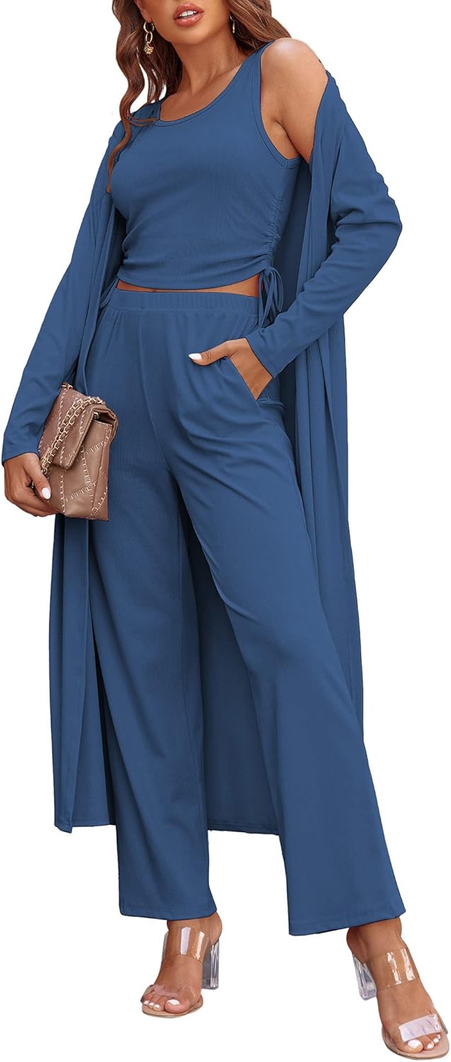 Ekouaer Women's 3 Piece Lounge Set Pajama Long Sleeve Cardigan Sleeveless Top Pants Sweatsuit S-XXL - Image 9
