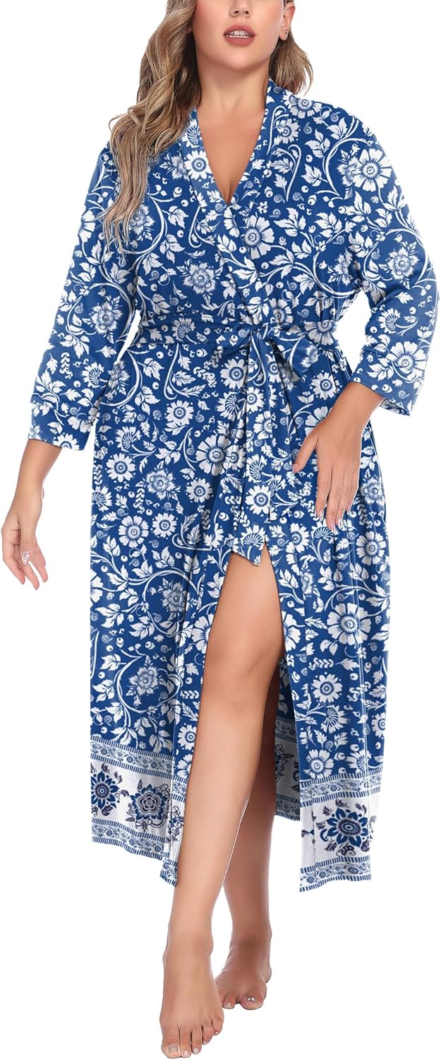 IN'VOLAND Womens Plus Size Kimono Robes Long Knit Bathrobe V Neck Ladies Loungewear Lightweight Soft Sleepwear 1X-5X - Image 8